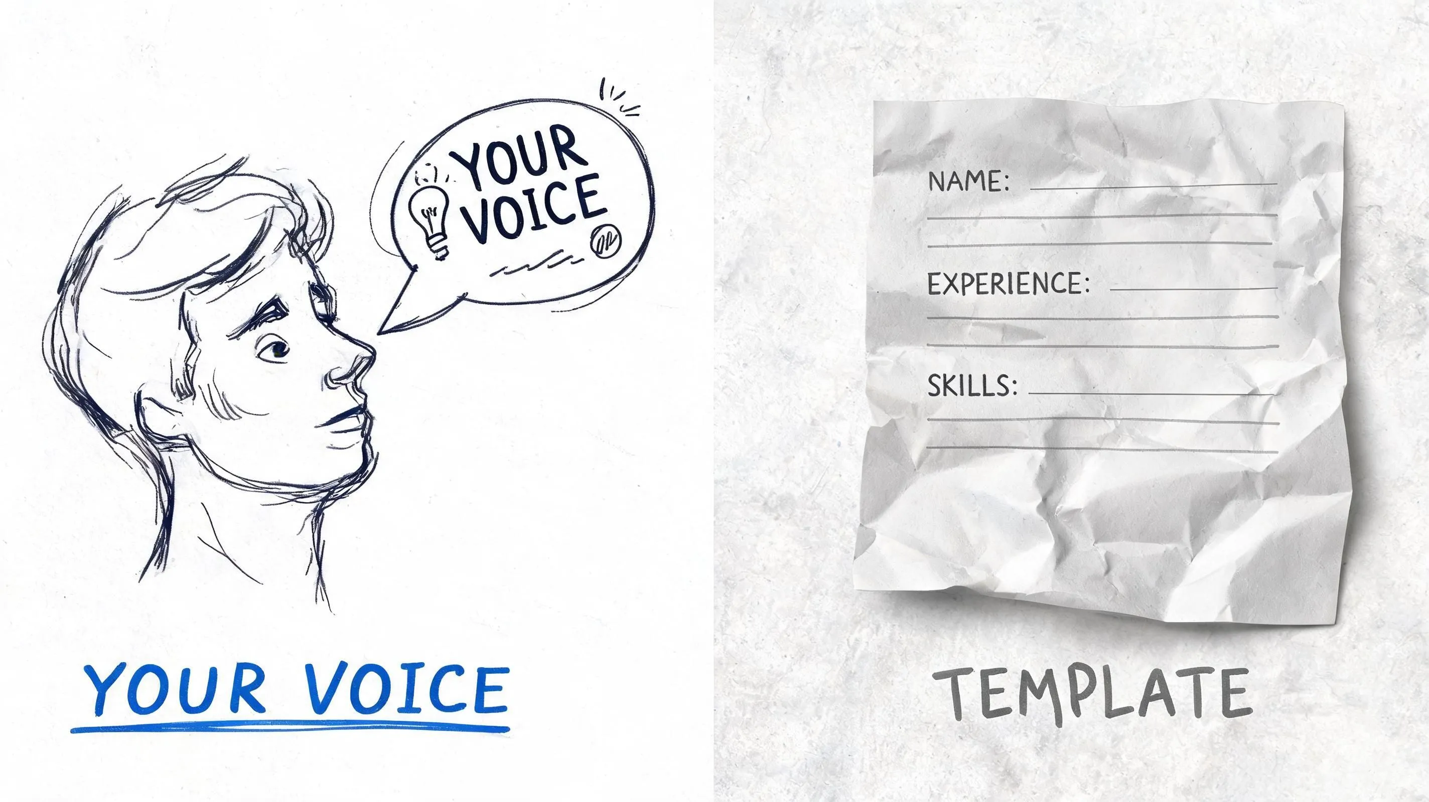 A hand-drawn sketch of a person next to a crumpled piece of paper with resume labels.