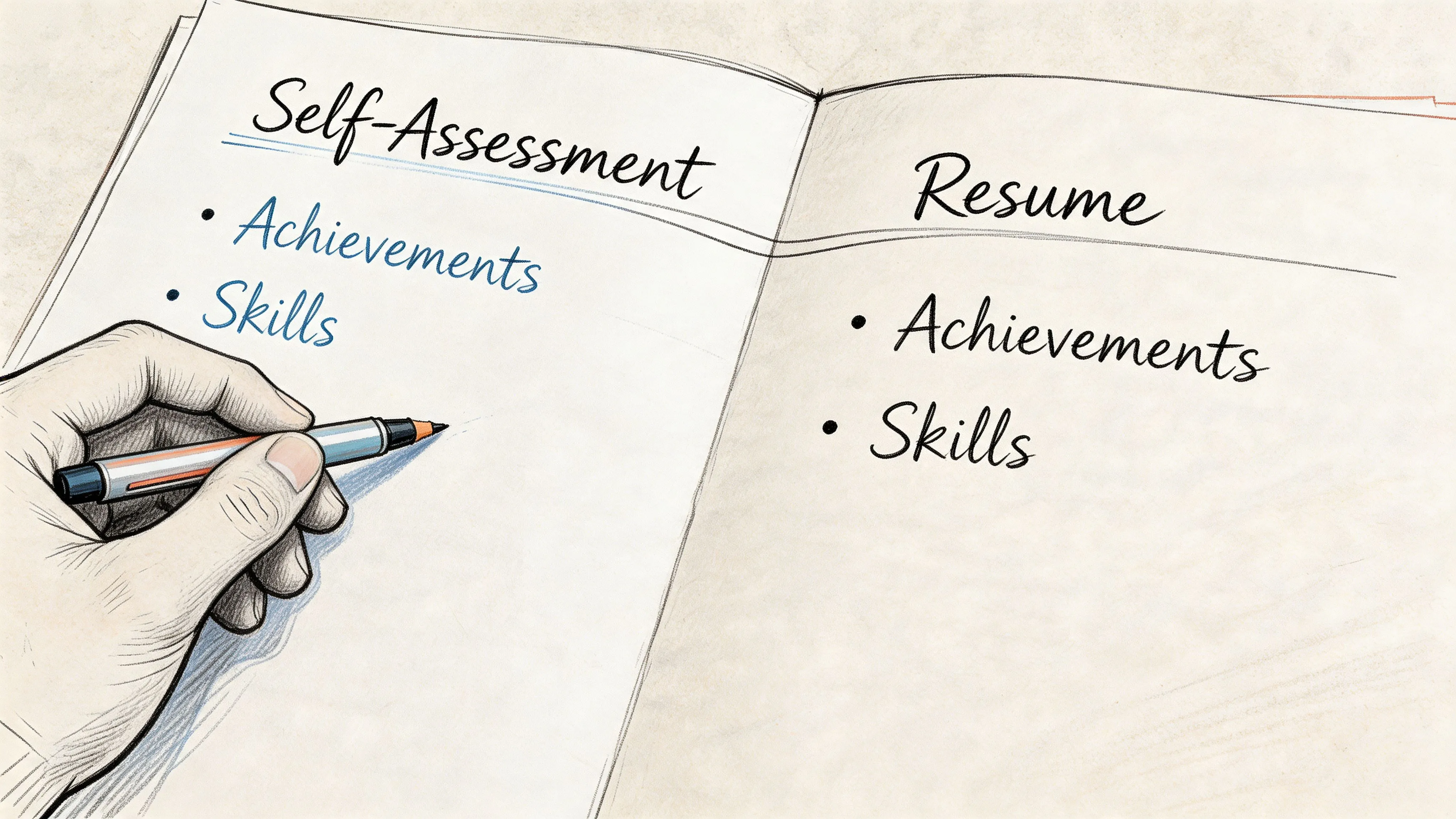 A person writing in a notebook comparing self-assessment and resume content for career development.