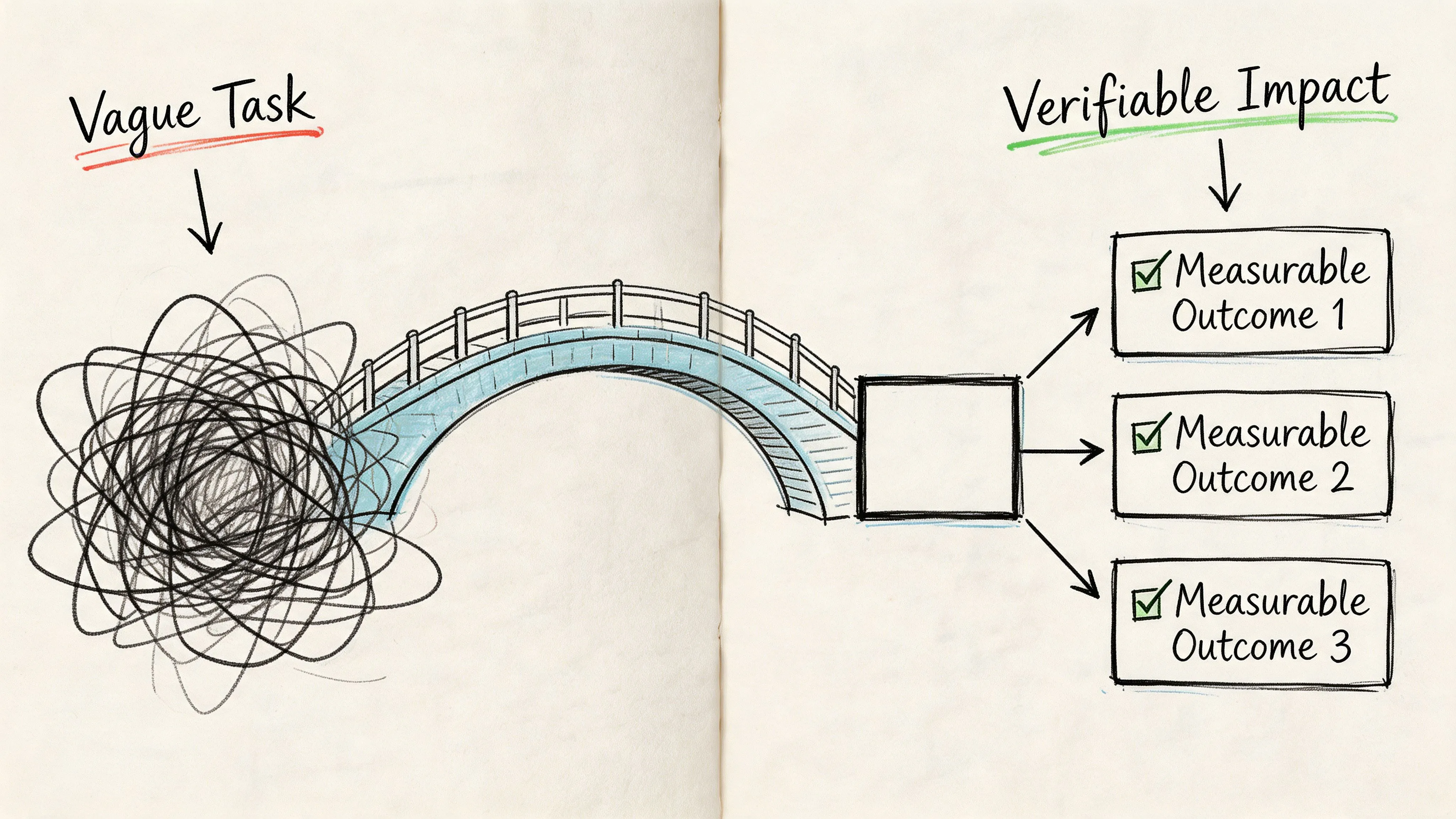 A hand-drawn illustration showing a bridge connecting a chaotic scribble to three structured, measurable outcomes.