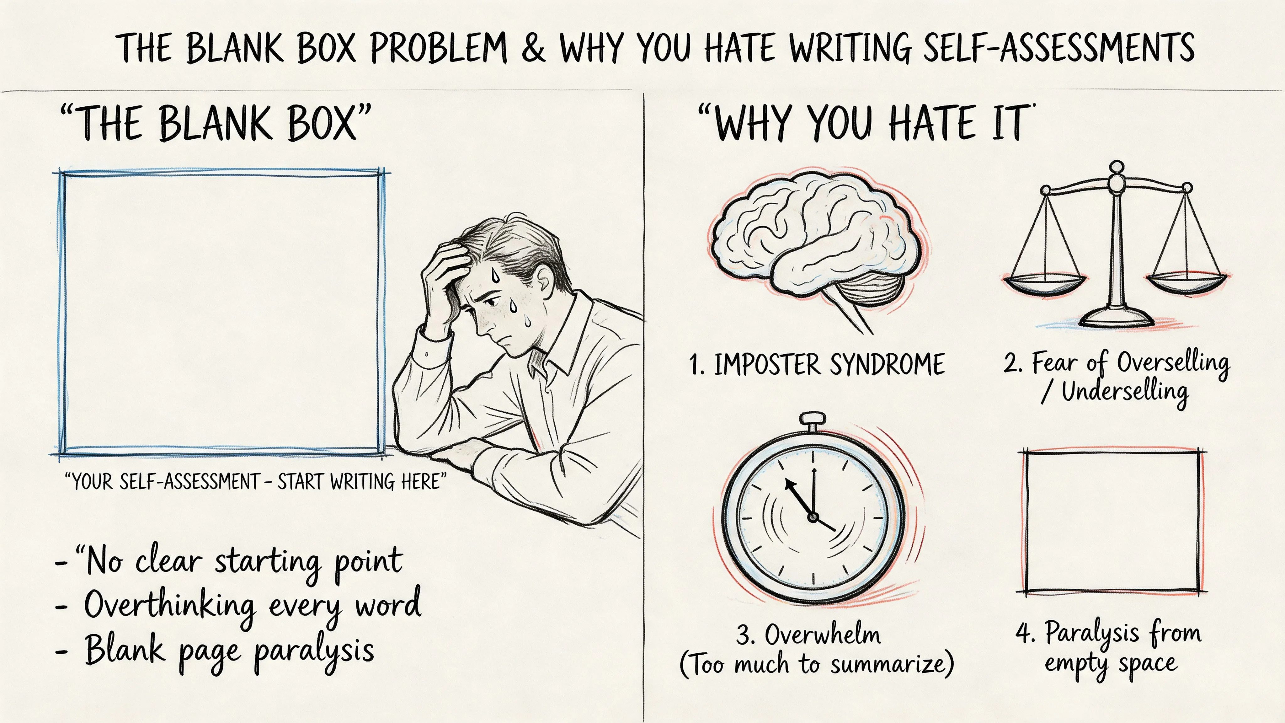 A hand-drawn illustration explaining why people struggle with writing performance review self-assessments, including common psychological challenges.