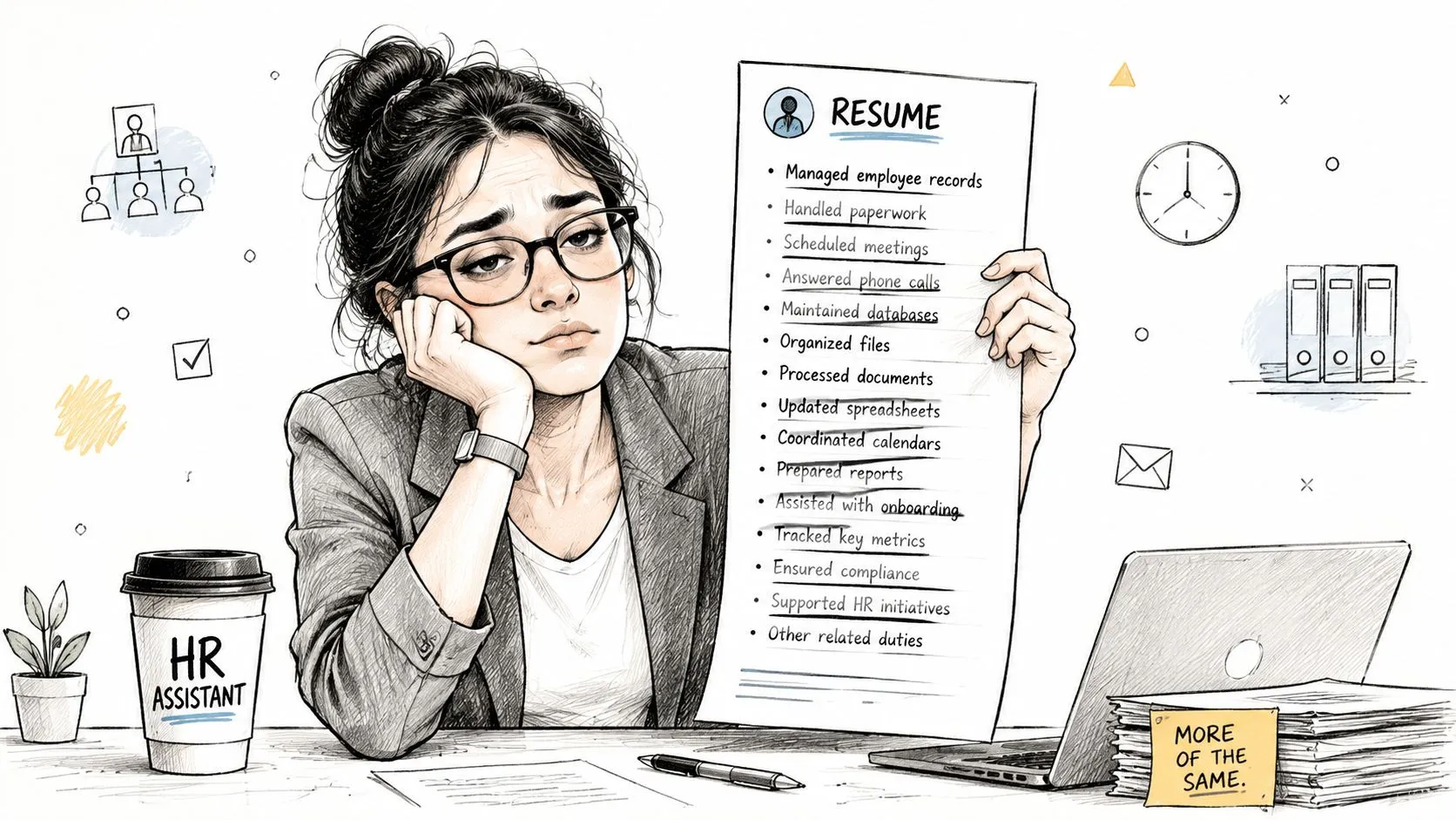 A tired-looking human resources assistant holding a resume filled with administrative and repetitive office tasks.