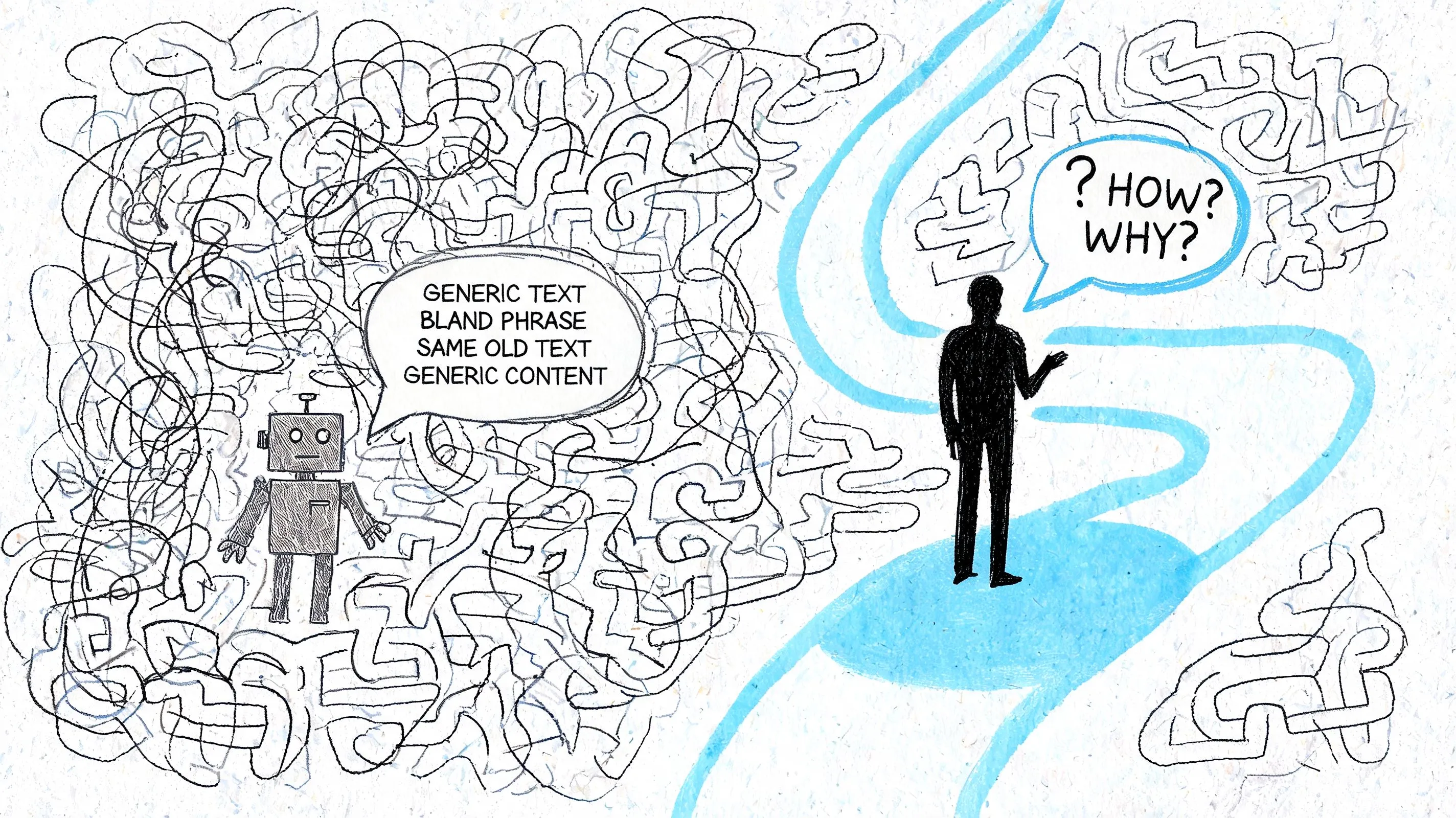 A robot producing generic text next to a person questioning how and why AI generates bland content.
