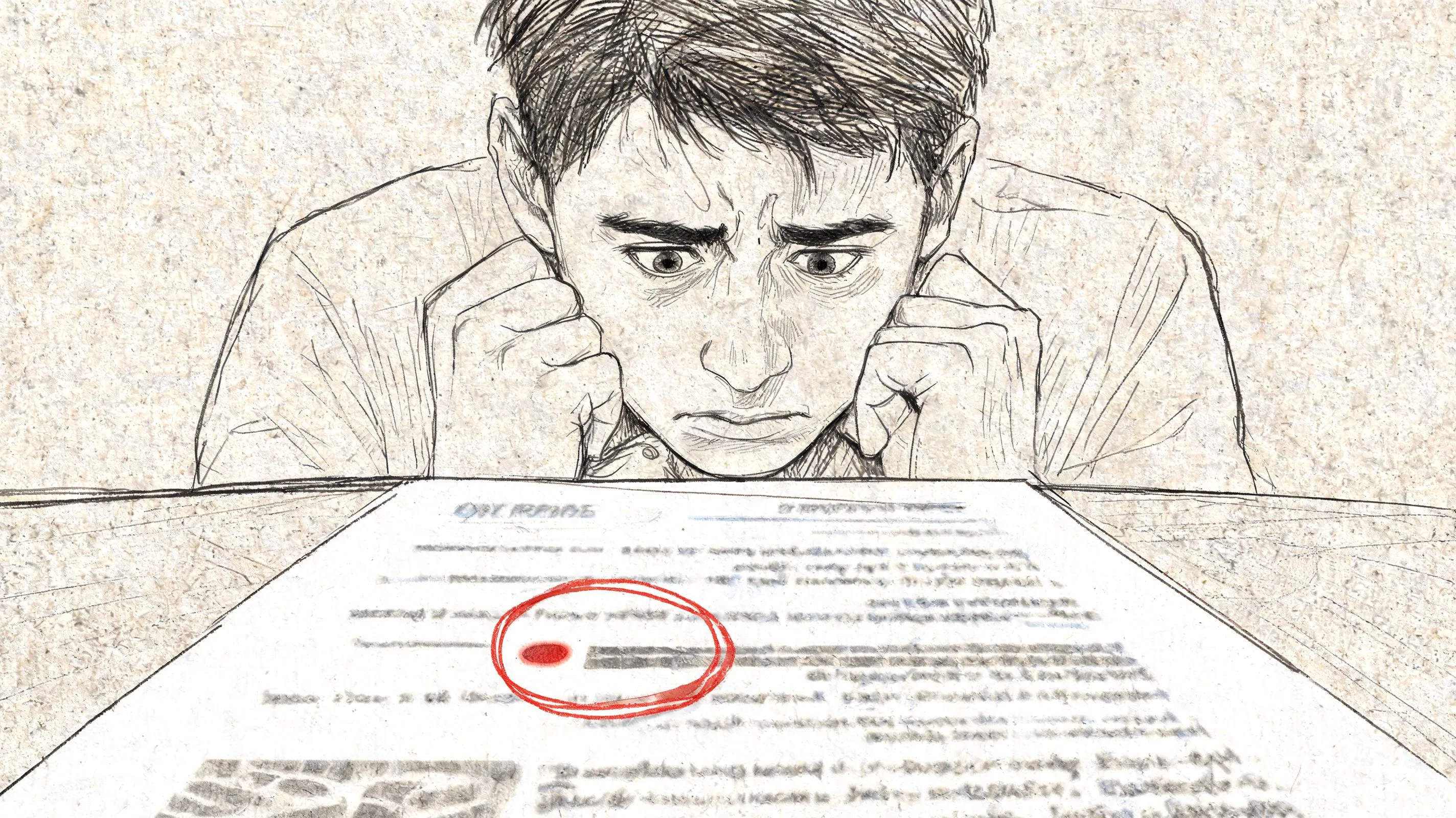A pencil sketch of a stressed person looking down at a resume with a red circled mark.