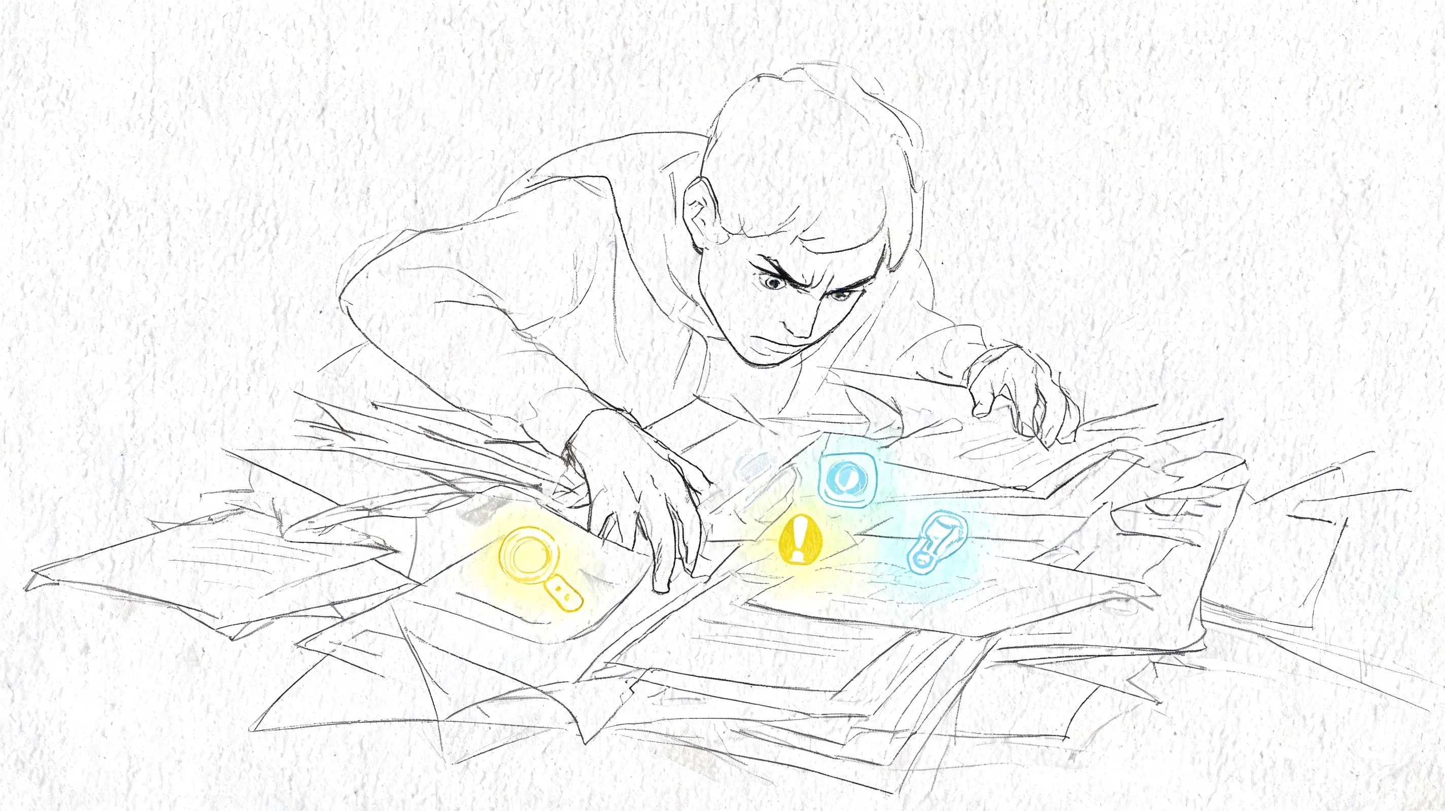 A pencil sketch of a person looking intensely at a messy stack of papers with glowing icons.