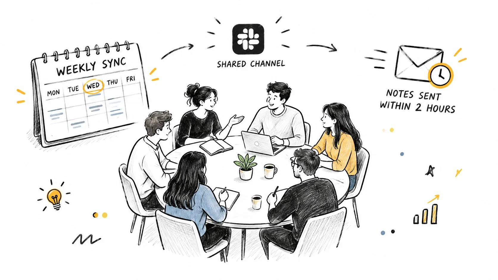 A hand-drawn illustration showing a business team in a meeting with a calendar and shared channel workflow.