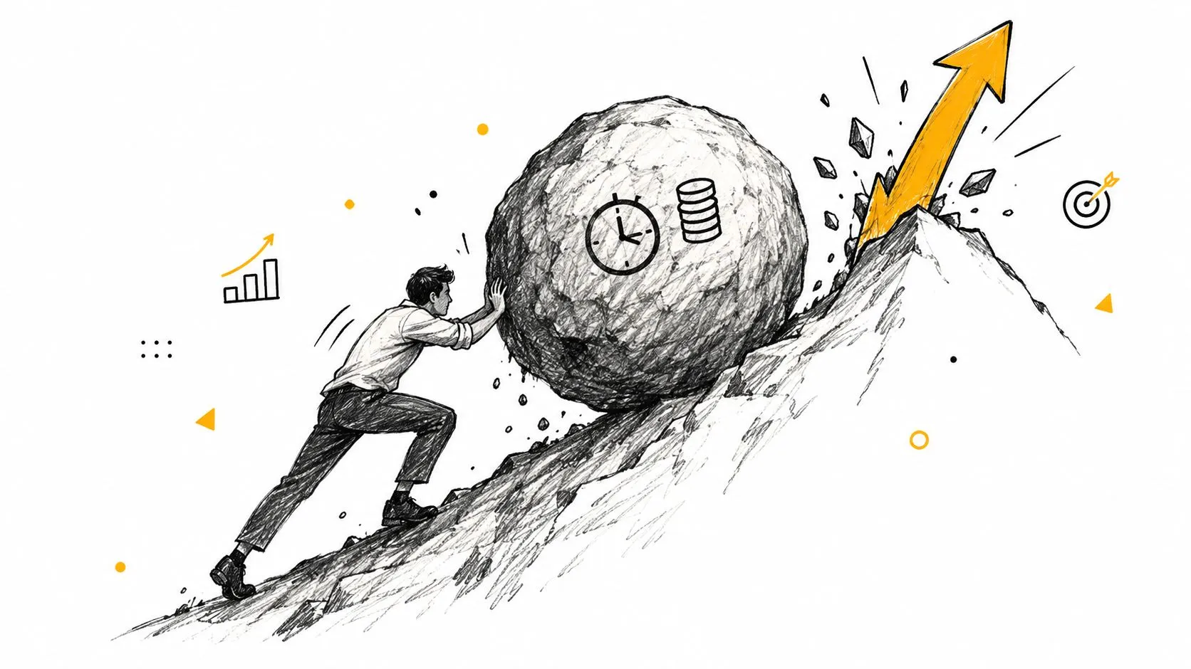A businessman pushing a large boulder representing time and money up a steep mountain towards success.