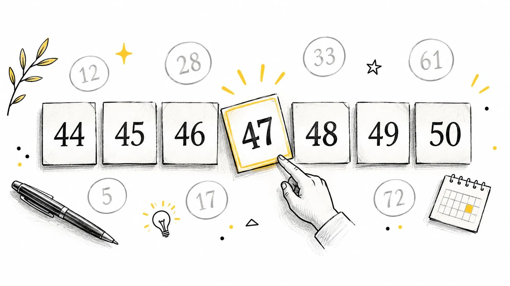 A hand selecting the number 47 from a row of numbered tiles ranging from 44 to 50.
