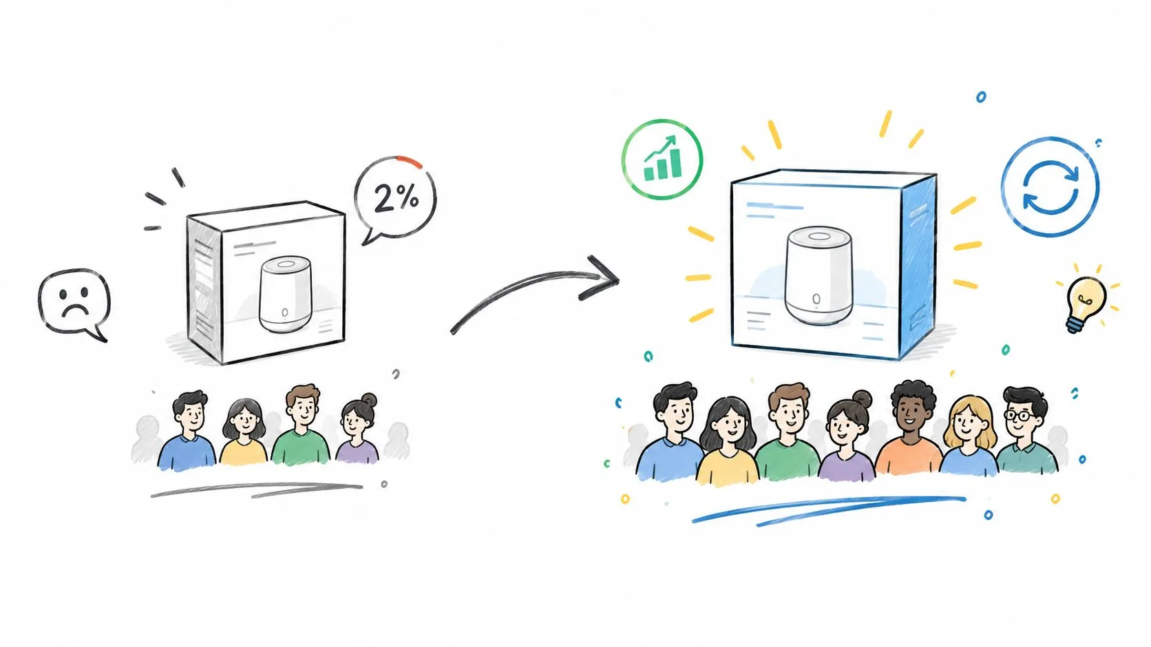 A conceptual illustration showing a product gaining more popularity and positive reception among a larger group of people.
