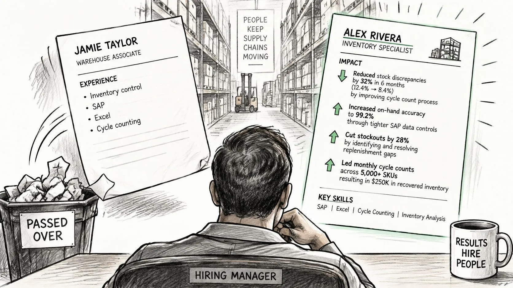 A hiring manager compares a basic resume with an results-oriented resume at a warehouse setting.