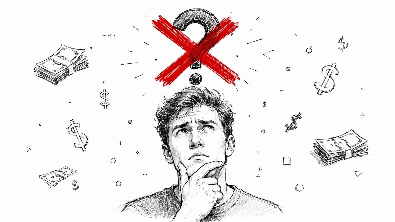 A young man looking thoughtful, surrounded by money symbols, questioning if he should invest in career services.