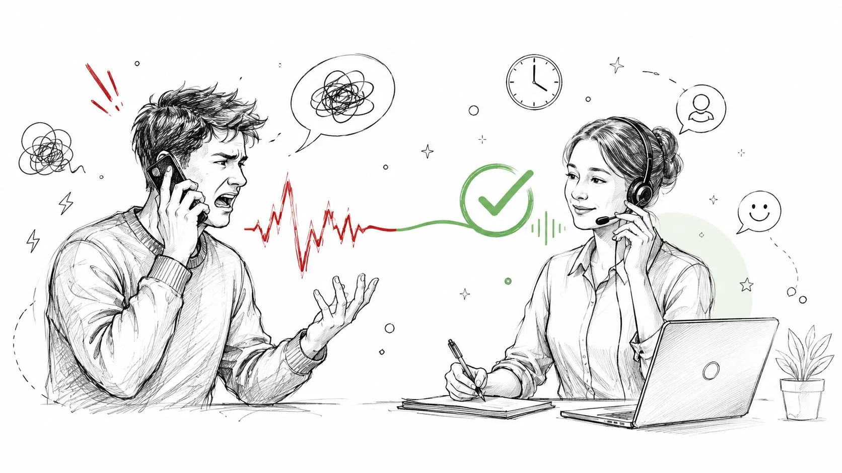 A hand-drawn illustration showing a frustrated customer on the phone being assisted by a calm support agent.