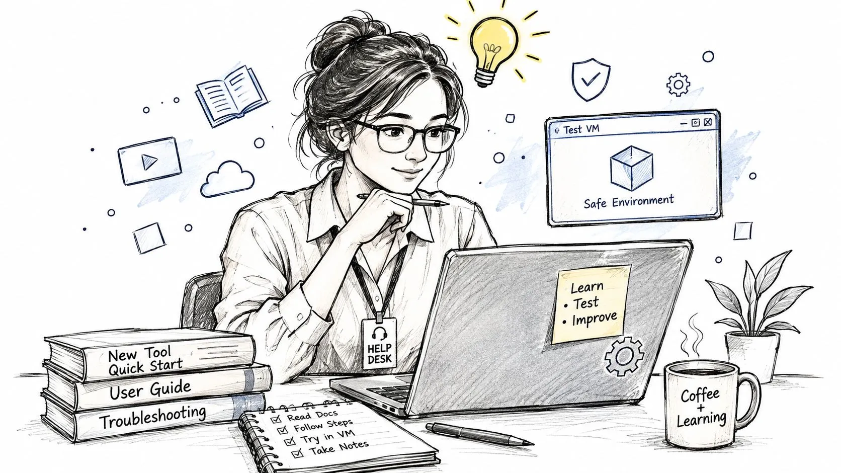 An illustrated IT help desk professional studying with books, a laptop, and a notepad in a creative workspace.