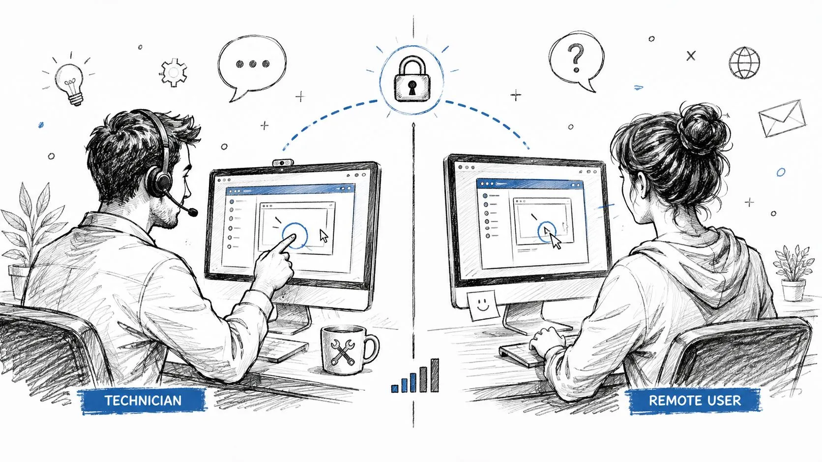 A technician providing remote assistance to a user through a secure digital connection on their computer screens.