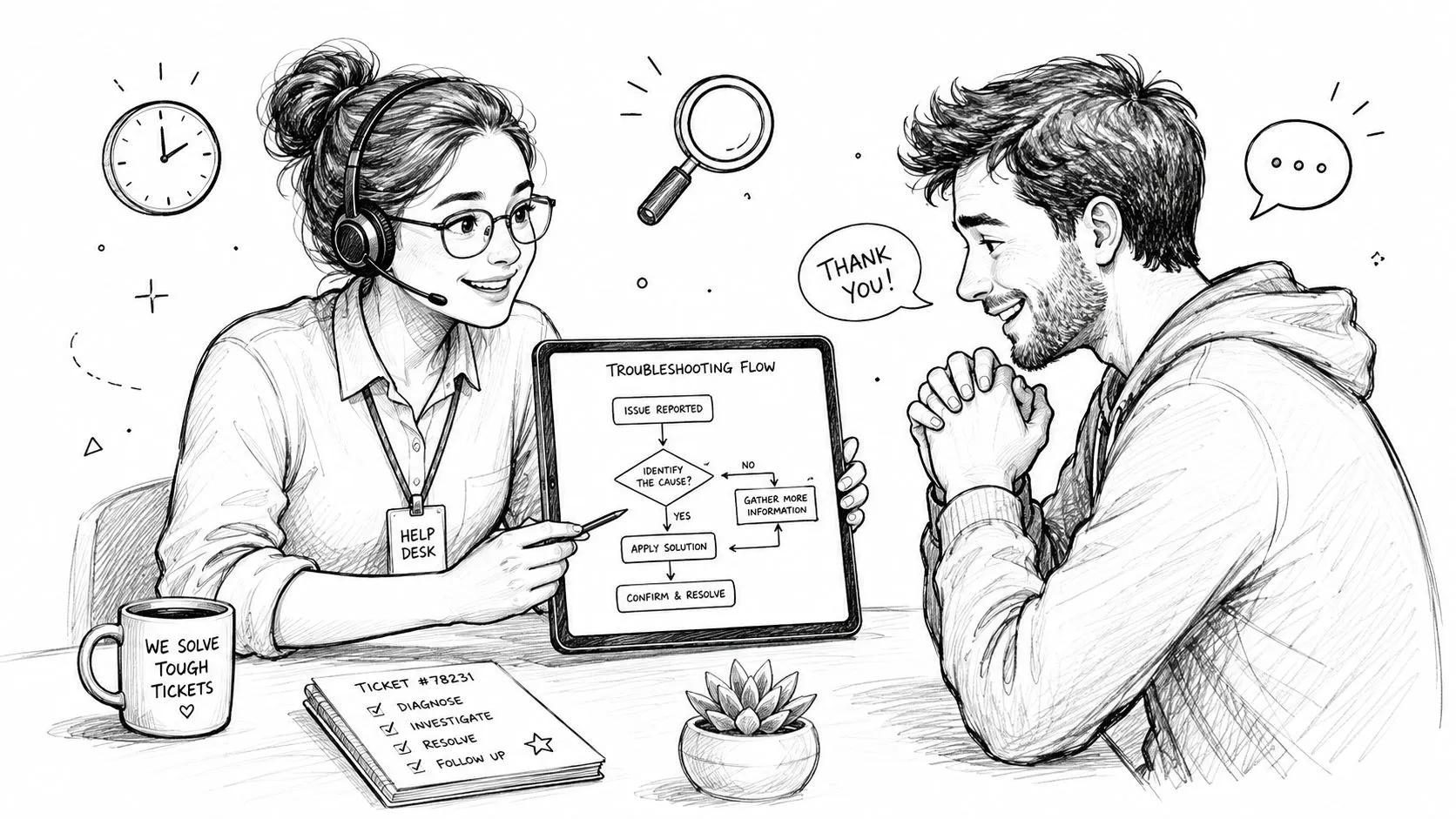 A help desk representative showing a troubleshooting flowchart on a tablet to a customer during an interview.