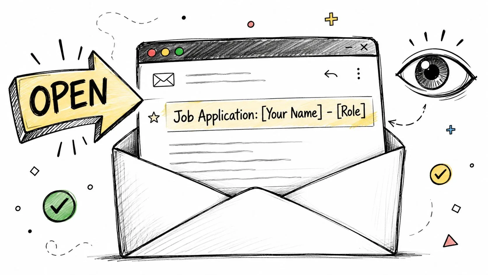 A hand-drawn illustration of an open envelope containing a job application email with an eye looking.