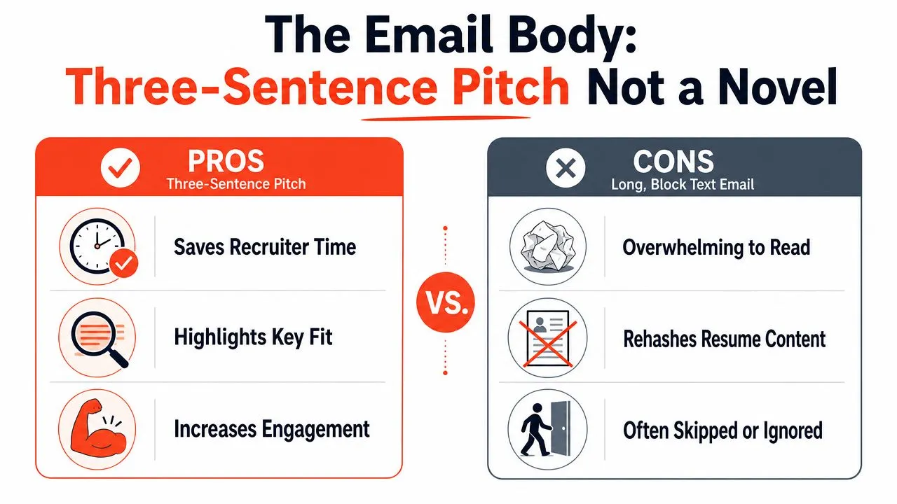 A comparison chart showing the benefits of a short three-sentence email pitch versus long block text.