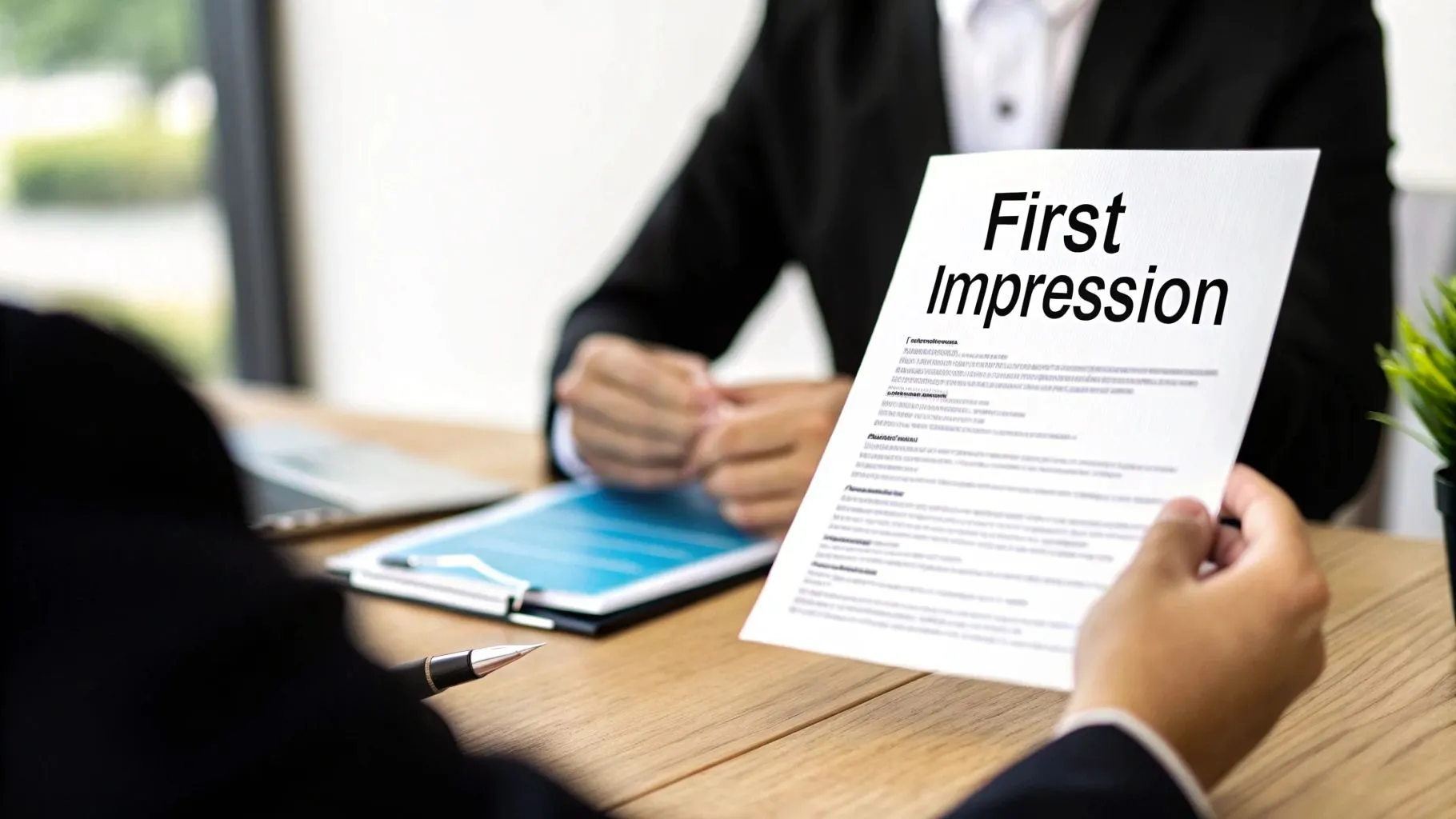 Close-up of a person holding a document titled 'First Impression' during an interview or meeting.