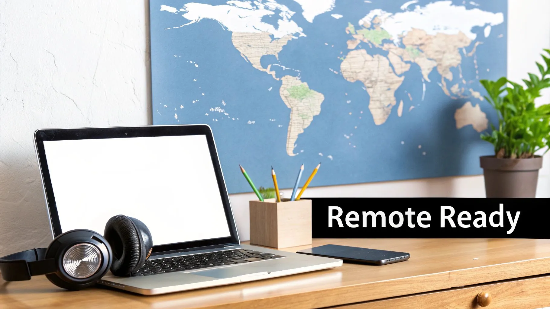 A laptop, headphones, phone, pencils, and a plant on a desk with a world map and 'Remote Ready' text.