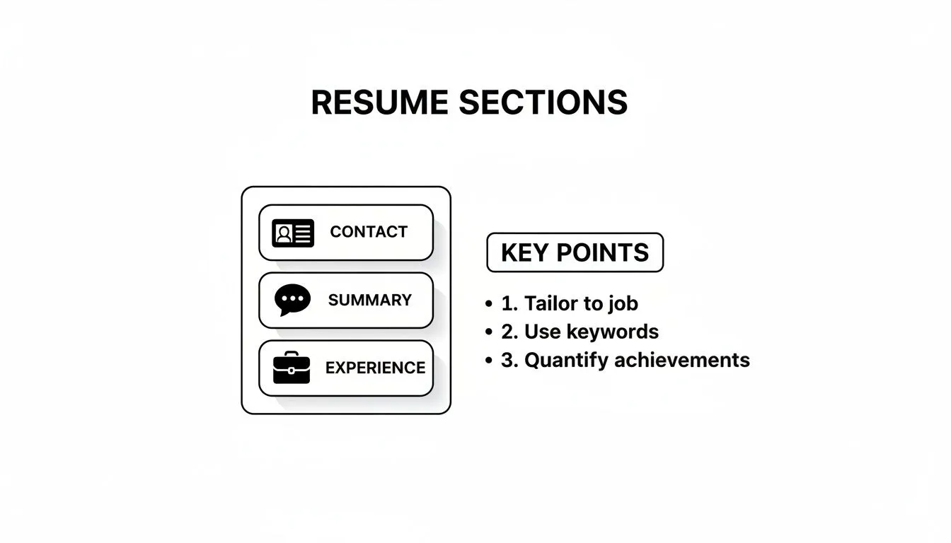 An infographic illustrating essential resume sections like Contact, Summary, and Experience, alongside key resume writing tips.