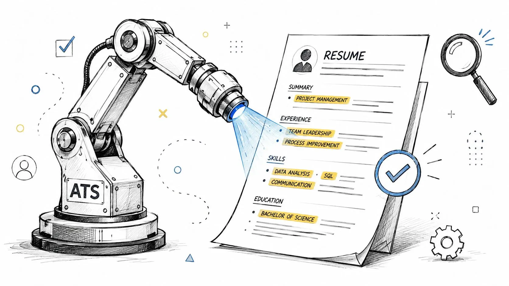 An automated robotic arm scanning a resume with a blue spotlight to analyze keywords for job applications.