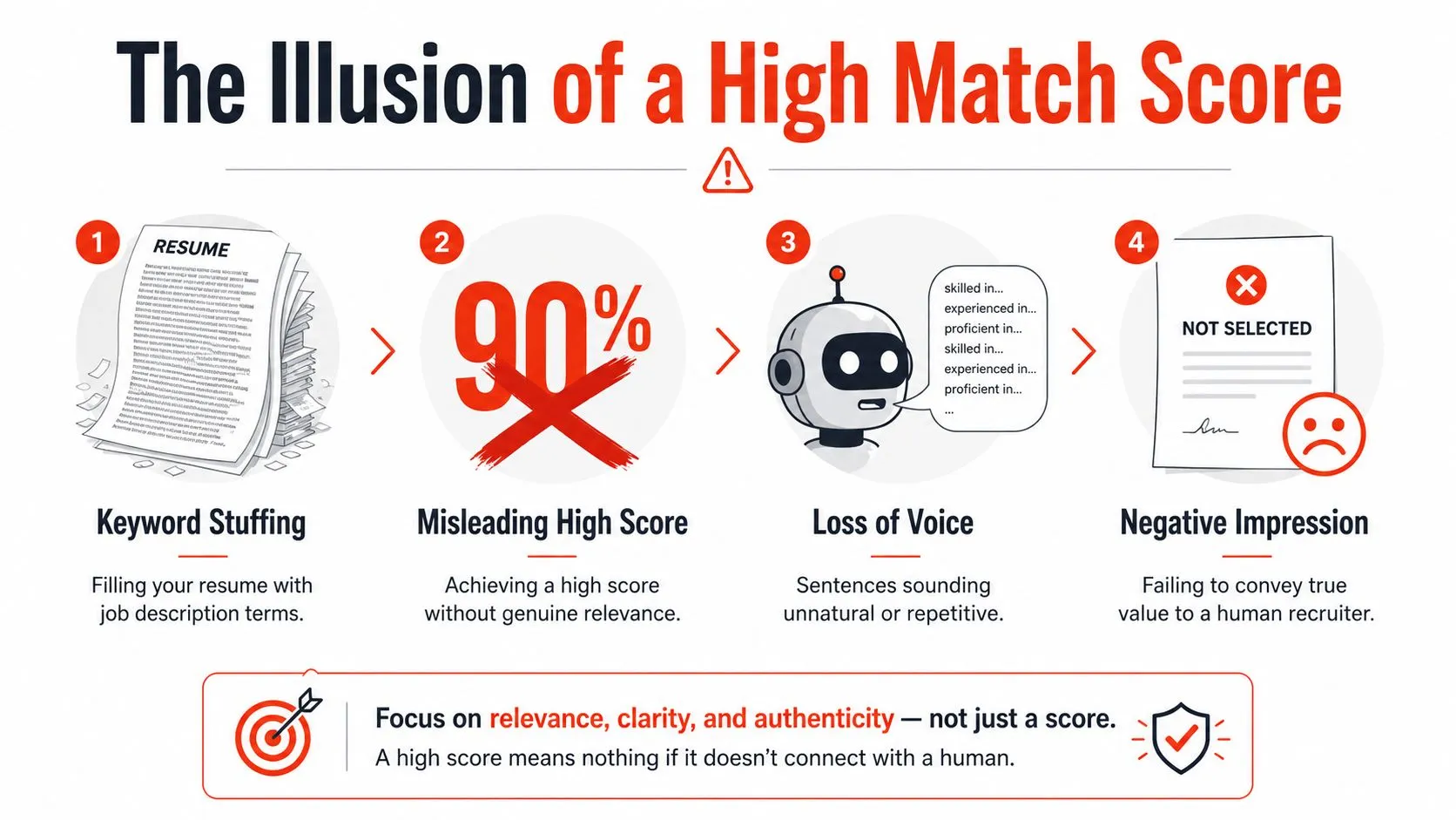 An infographic showing how keyword stuffing in resumes leads to poor results despite high ATS scores.