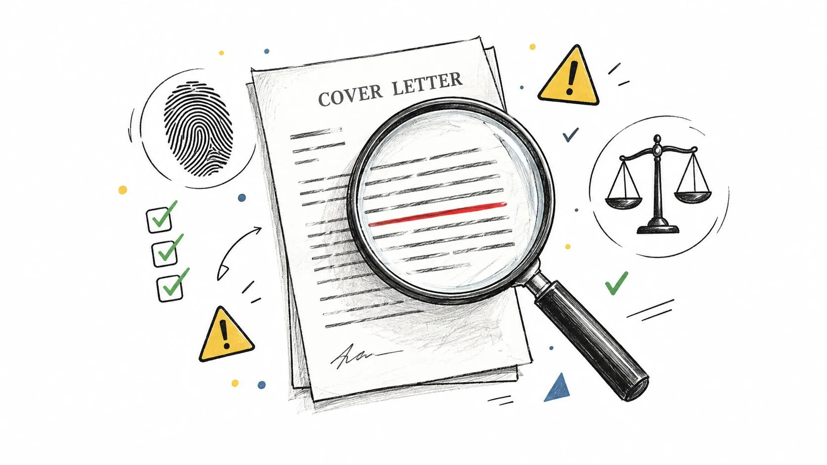 A magnifying glass inspecting a legal cover letter document with a fingerprint and scales of justice.