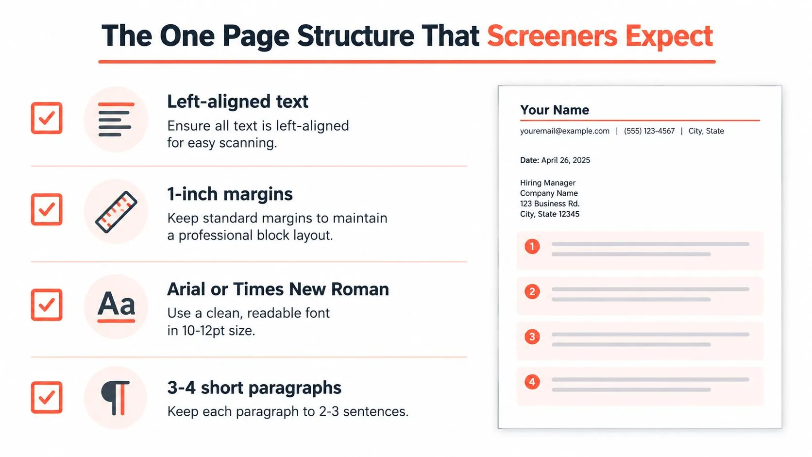 An infographic illustrating the ideal structure for a professional one-page cover letter for job applications.