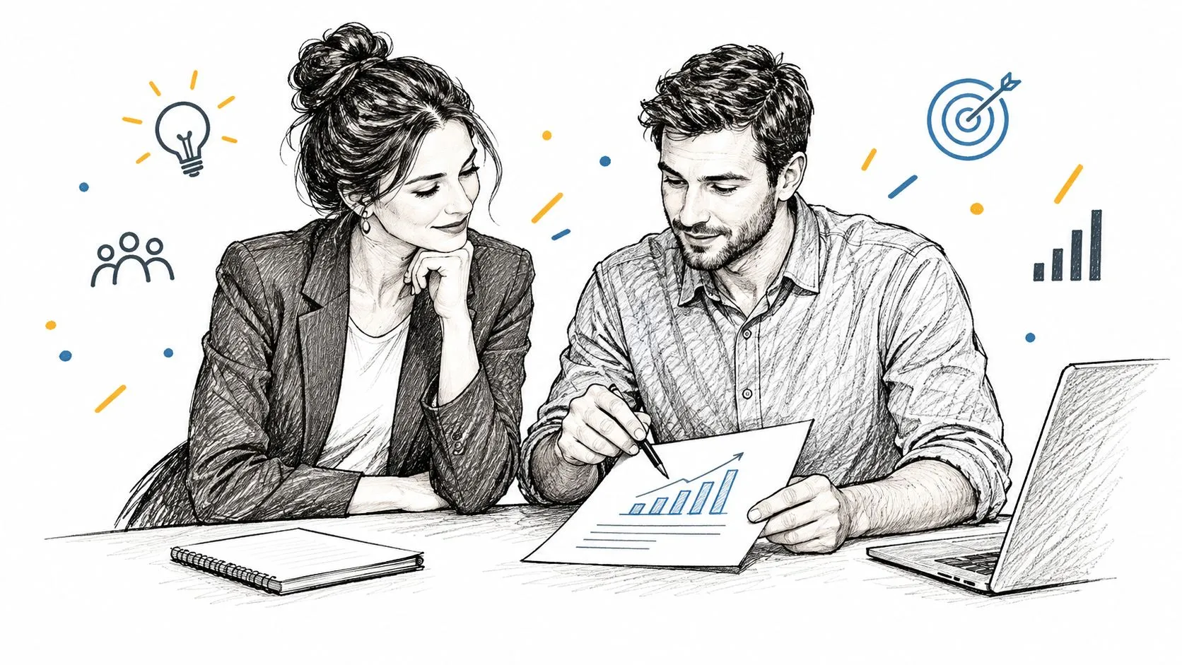 A professional man and woman collaborating on data analysis using a laptop and business charts.