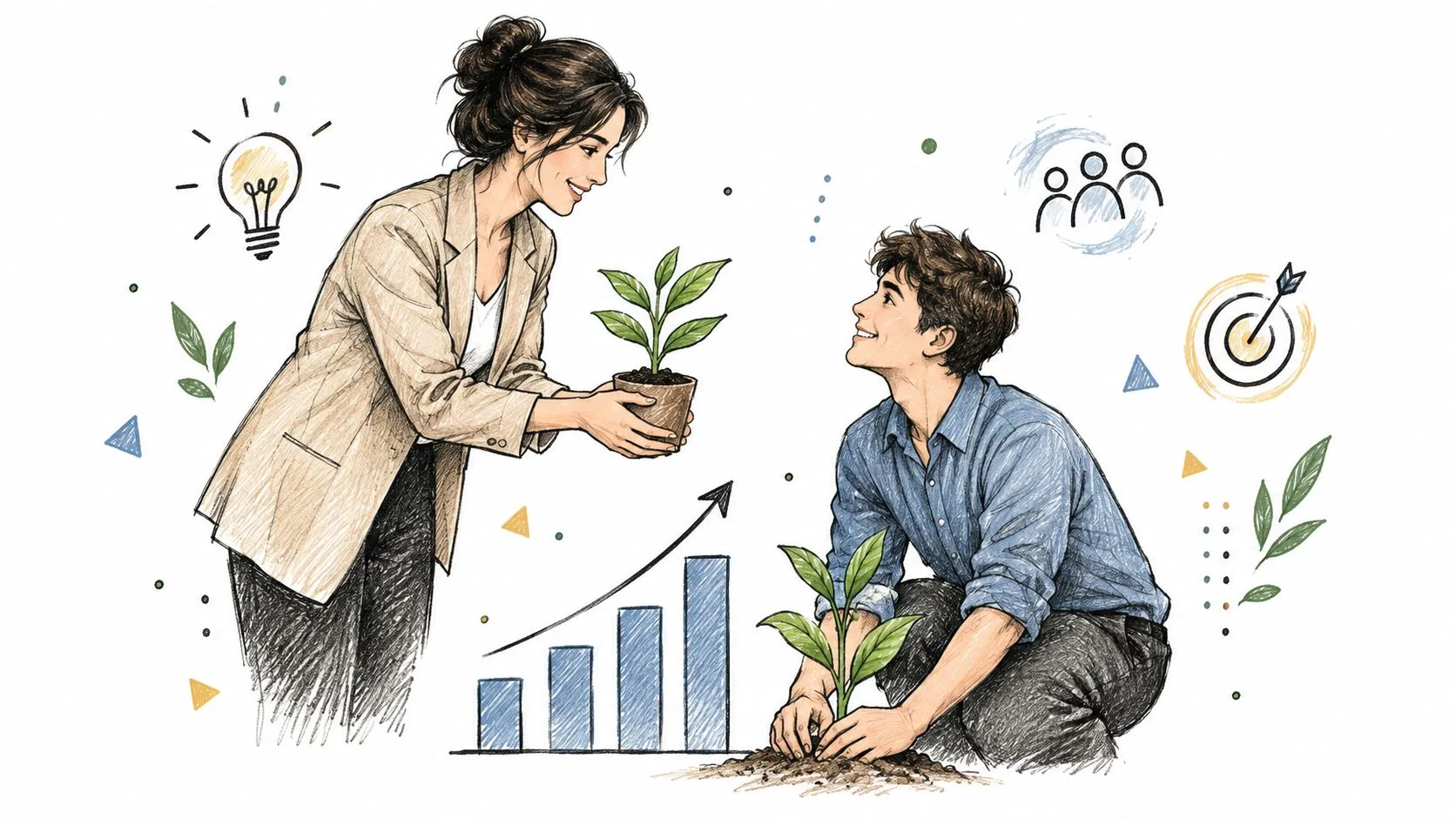 A professional woman mentoring a man planting a seedling, symbolizing growth, business leadership, and career development.