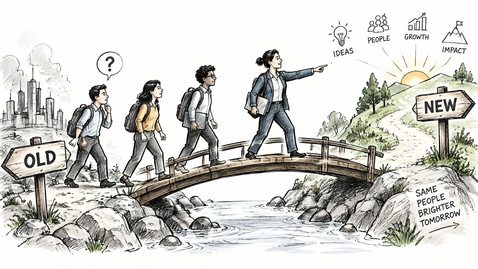 A professional guide leads a team across a bridge towards a bright future of growth and innovation.