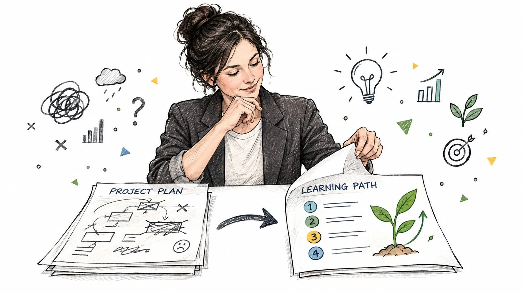 A businesswoman looking thoughtfully at a disorganized project plan transitioning into a structured learning path illustration.