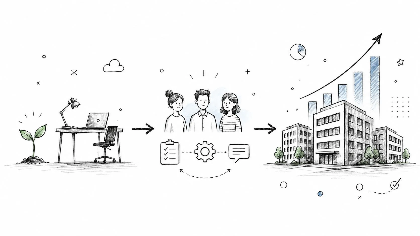 A hand-drawn sketch illustrating a business development process from a workspace to teamwork and company growth.