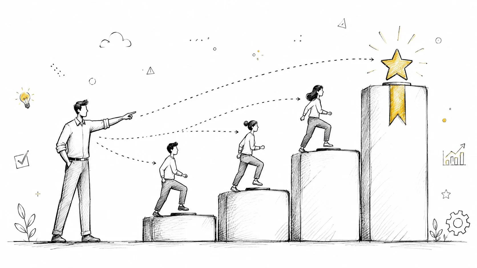 A line drawing illustration showing a leader guiding three team members as they climb stairs toward success.