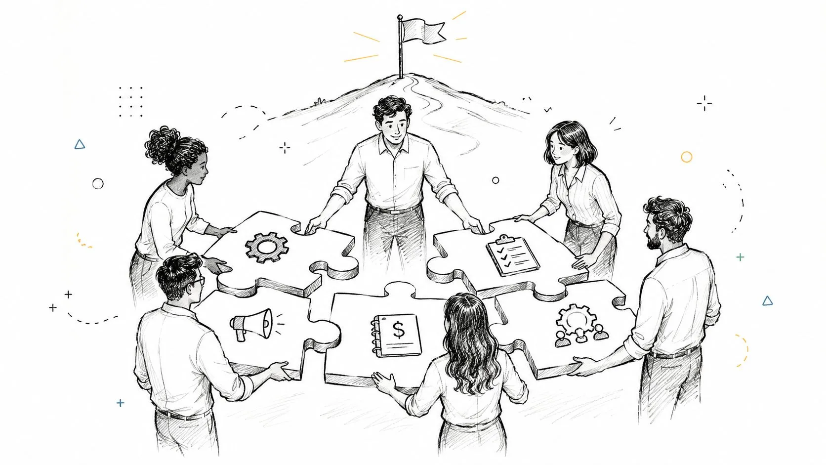 A team of professionals collaborating by fitting together puzzle pieces representing various business strategy and management tasks.