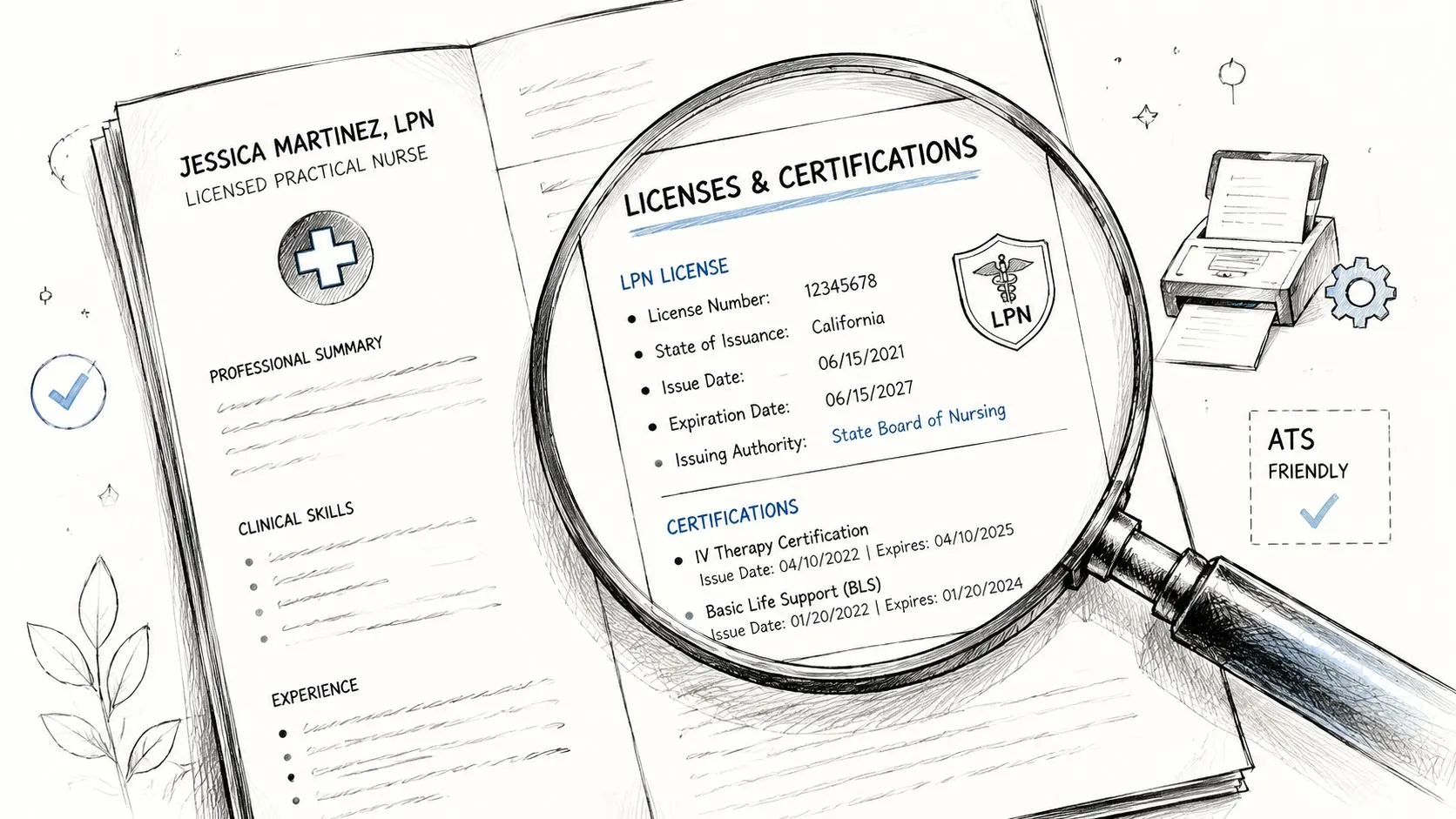 A professional resume for a licensed practical nurse being examined under a magnifying glass.