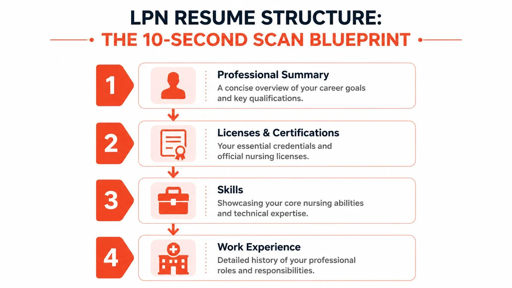 An infographic showing the four-step structure of a professional licensed practical nurse resume for quick review.