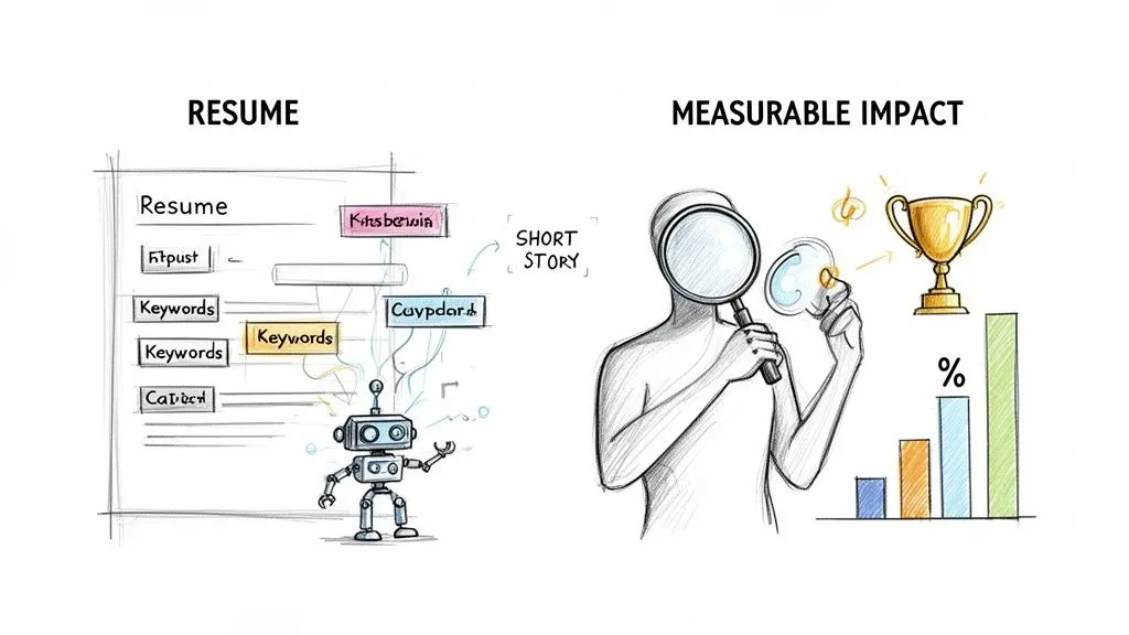 Visual comparison of a keyword-focused resume processed by a bot versus human evaluation of measurable impact and achievements.