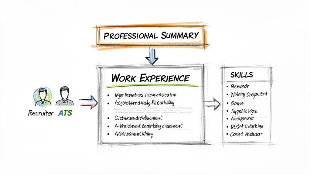 A diagram illustrating resume sections: Professional Summary, Work Experience, and Skills, with Recruiter and ATS influence.