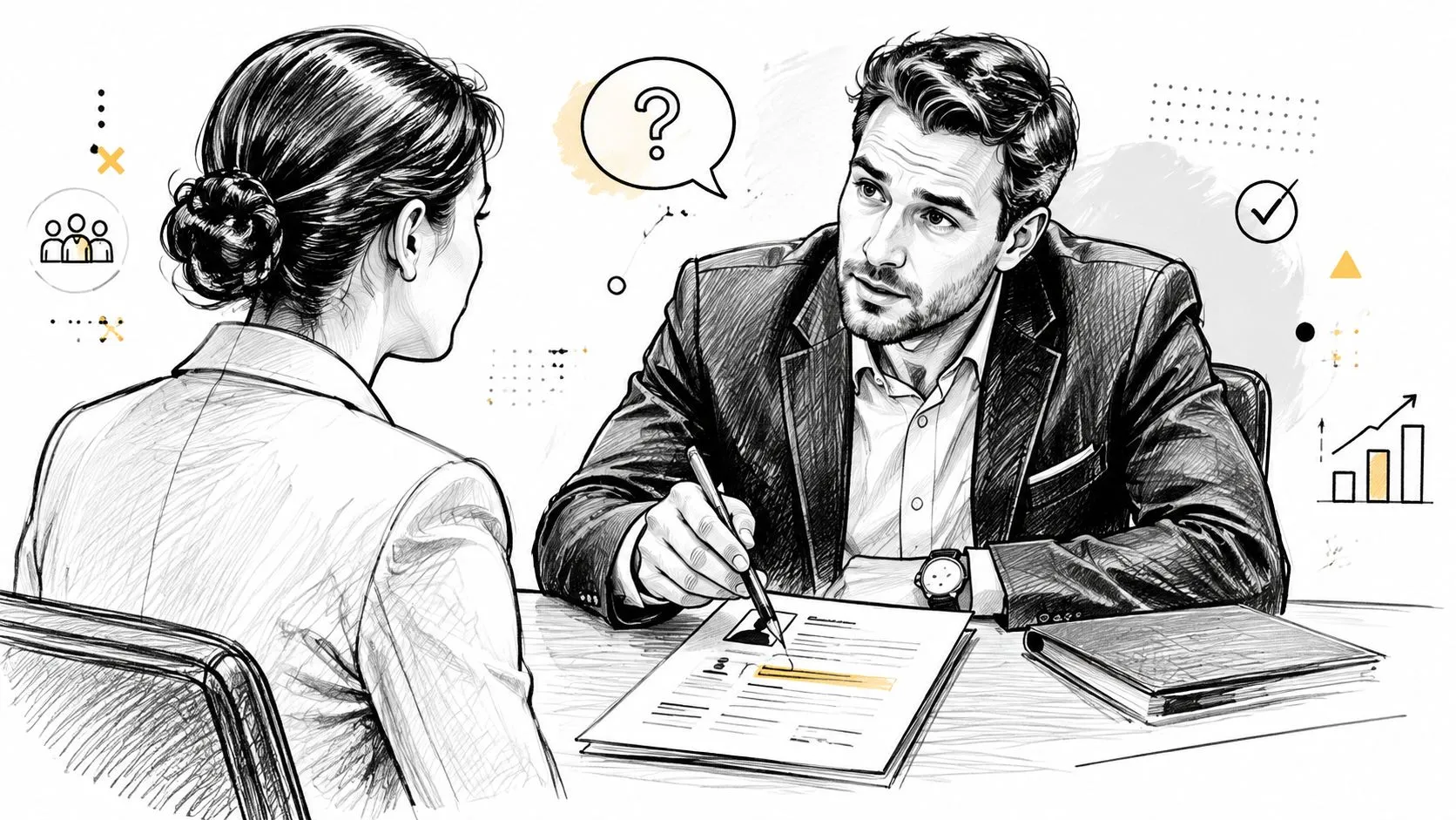 A professional business interview scene with a man reviewing a resume while sitting across from a candidate.