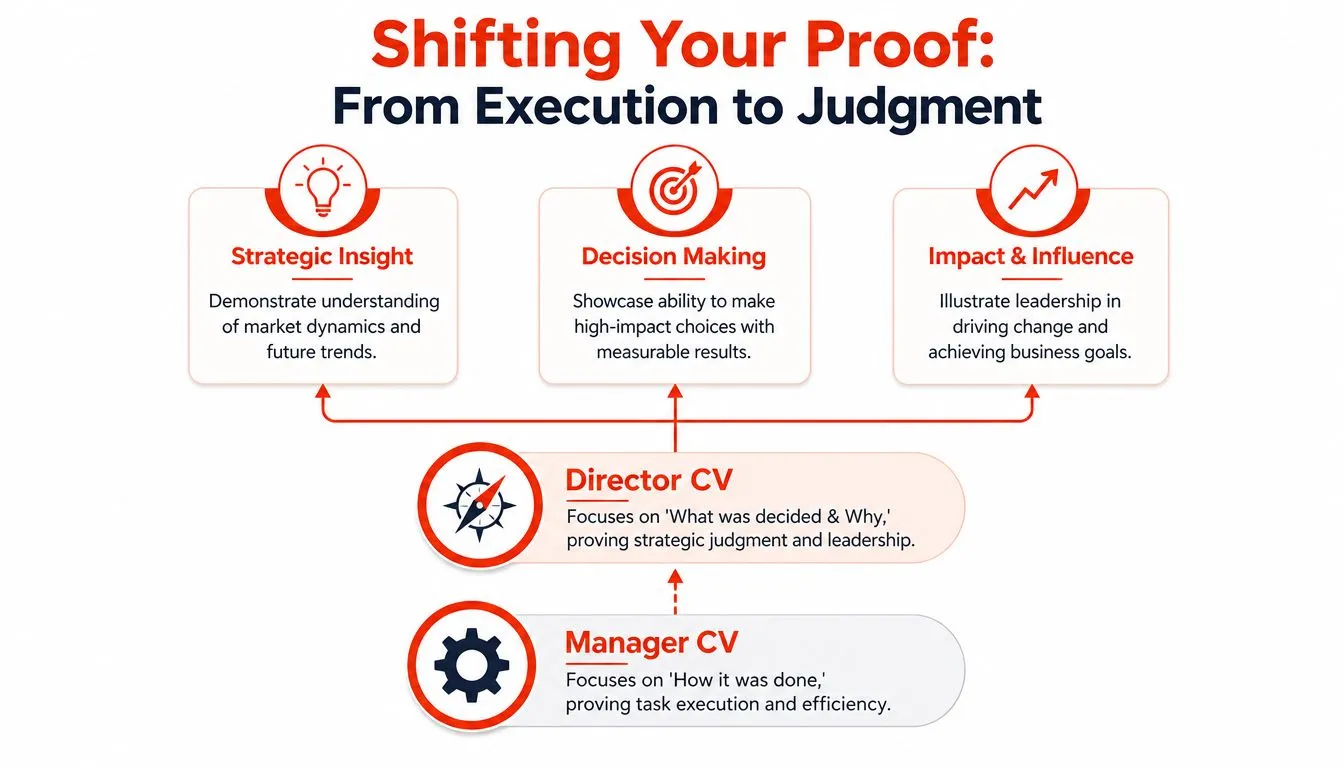 A diagram illustrating the career transition from a Manager CV focusing on execution to a Director CV emphasizing strategic judgment.