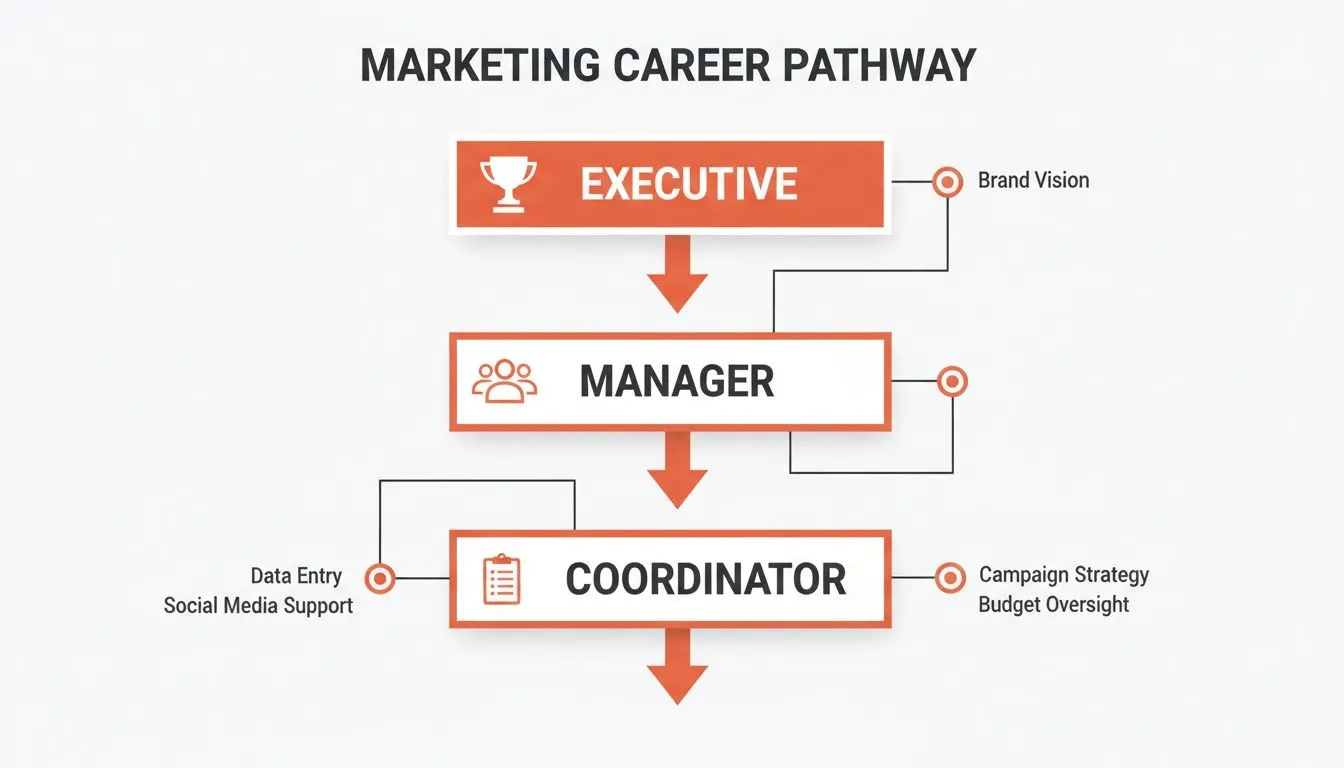 A marketing career pathway infographic showing progression from Coordinator to Manager to Executive, with associated responsibilities.