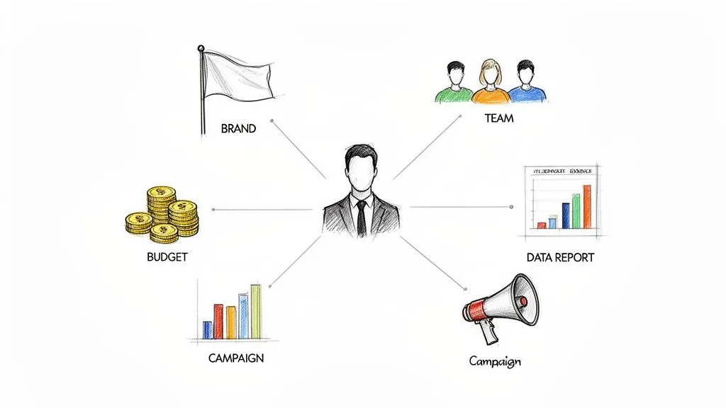 A diagram illustrating a marketing executive's connection to brand, team, budget, data, and campaigns.