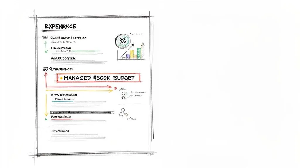 Sketch of a resume or career plan highlighting 'Managed $500K Budget' within experience sections.