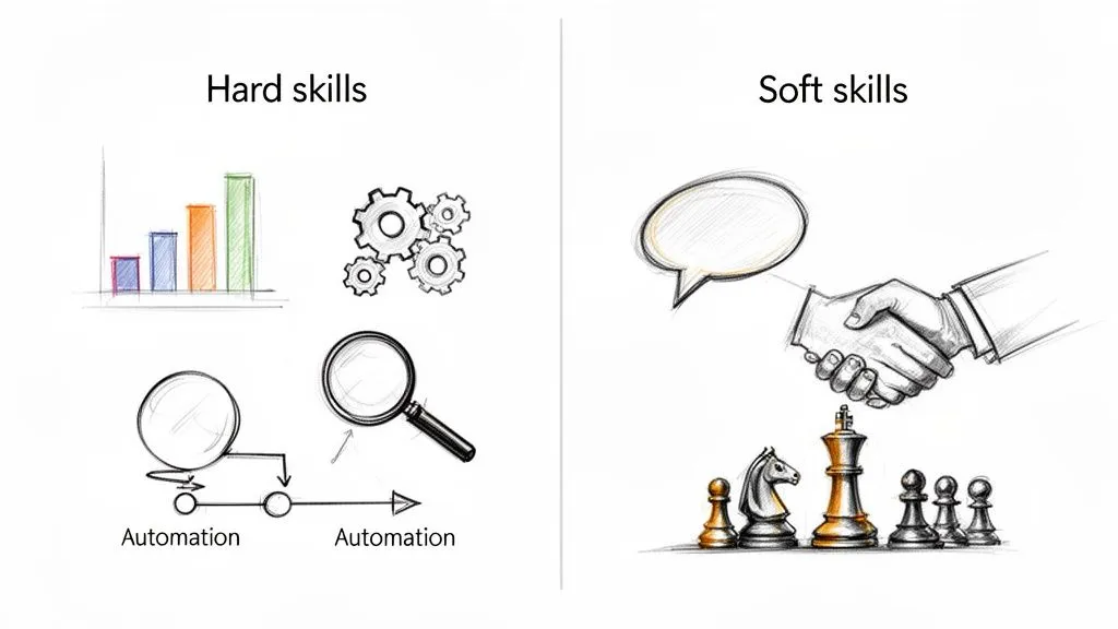 Visual comparison of hard skills like data analysis, automation, and technical knowledge versus soft skills such as communication, collaboration, and strategy.