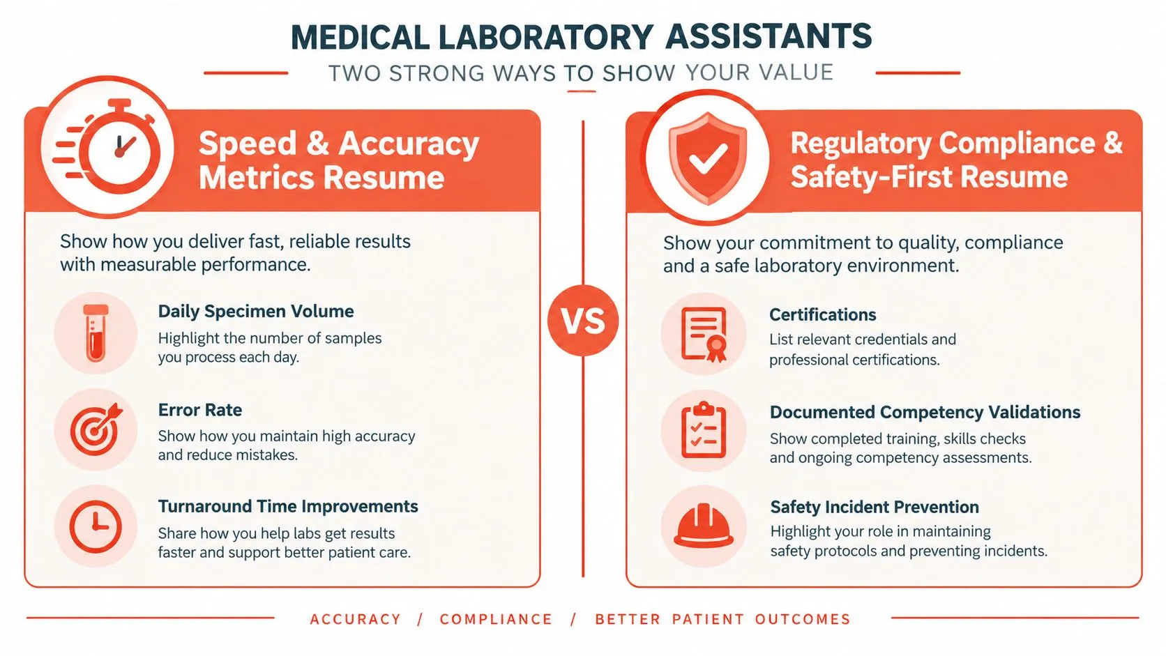 An infographic showing two effective strategies for Medical Laboratory Assistant resumes: focusing on speed metrics or regulatory compliance.