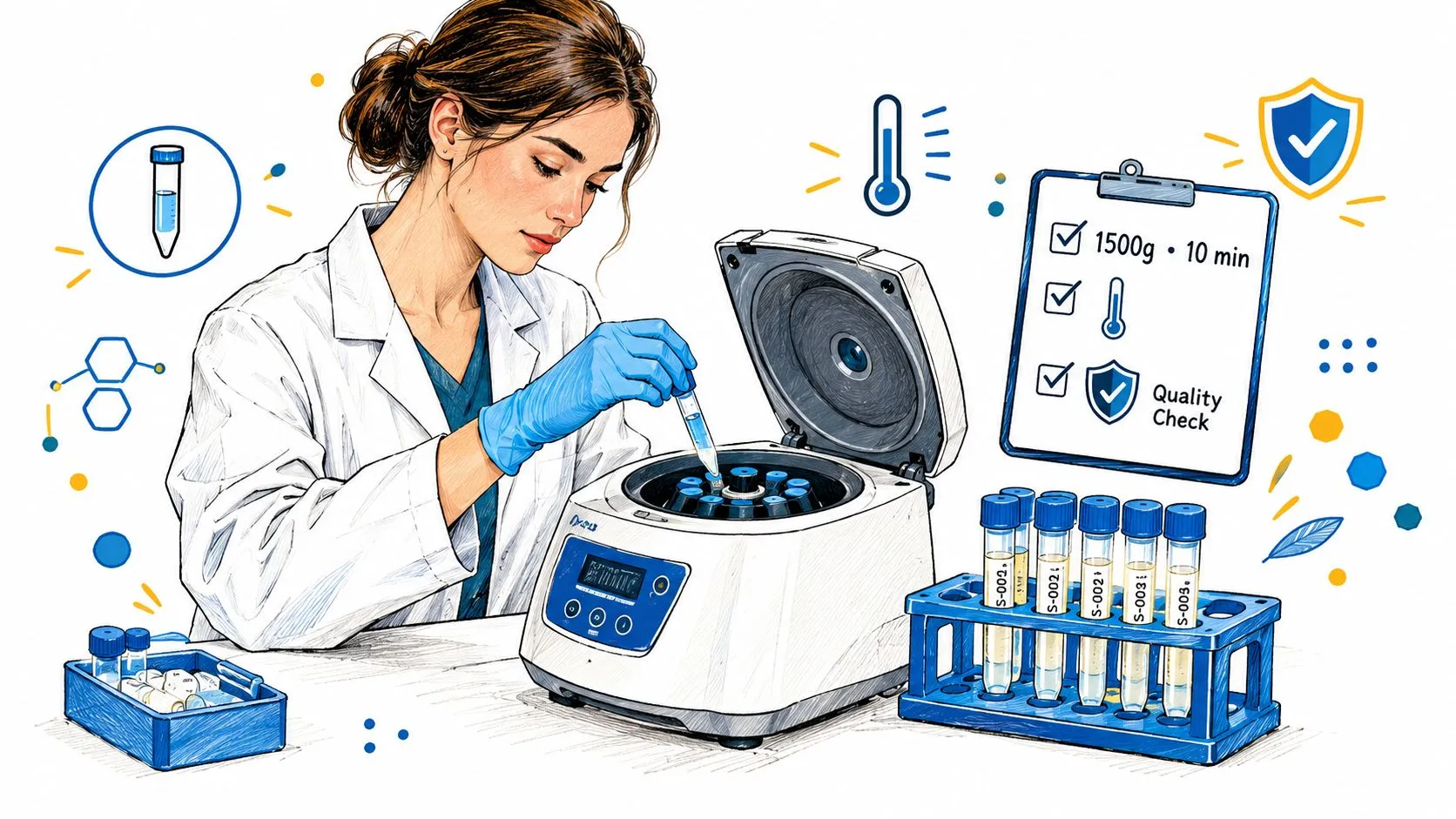 A professional medical laboratory assistant in a lab coat preparing samples using a modern clinical centrifuge machine.
