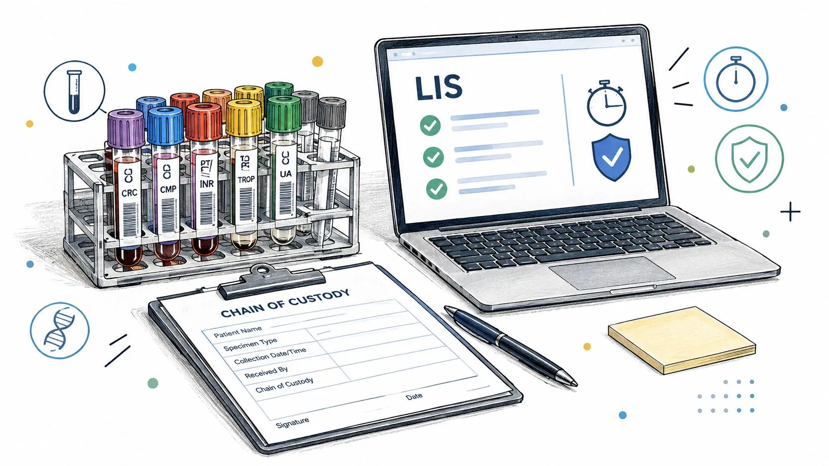 A digital illustration showing blood test tubes, a laptop displaying LIS, and a chain of custody form.