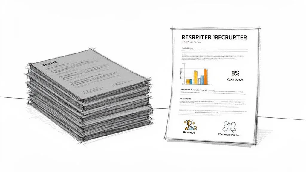 Sketch of a stack of resumes next to a data-rich document for recruiters, showing metrics and charts.