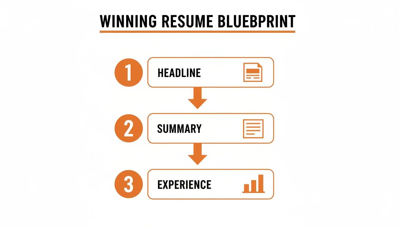 A visual blueprint showing three essential steps for a winning resume: headline, summary, and experience.