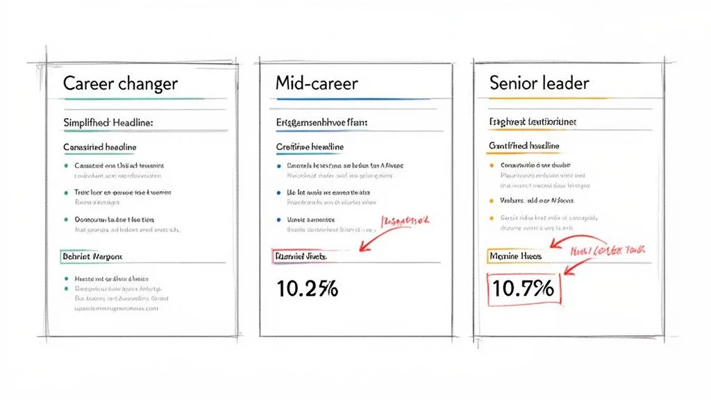 Draft layout comparing resume profiles for career changer, mid-career, and senior leader roles with scores.